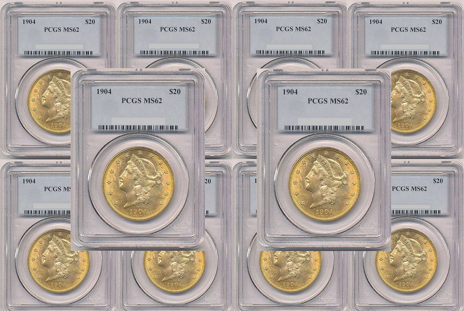 Ten (10) Gold $20 Liberty Head PCGS MS62: Winner of auction shall receive a lot of (10) coins gold $20.00 liberty head PCGS MS62, precisely resembling the coins shown in pictures. NOTE: This is a stock photo - your ten (10) coins will be hand