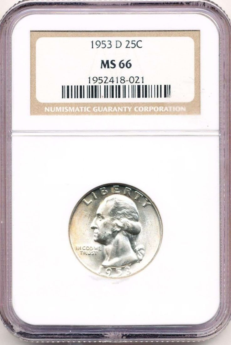 1953-D Washington Silver Quarter NGC MS66: Winner shall receive the exact coin shown here. (MR/UB)