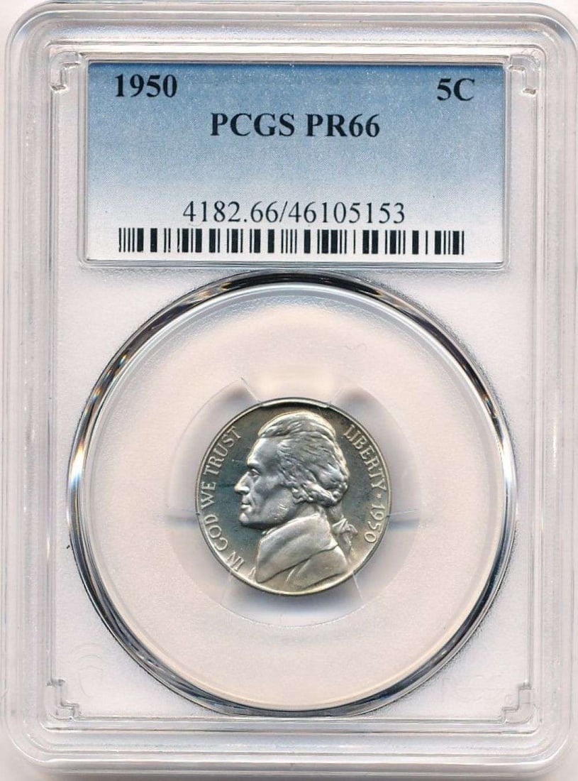 1950 Jefferson Nickel PCGS PF66: Winner shall receive the exact coin shown here. (MR/UB)