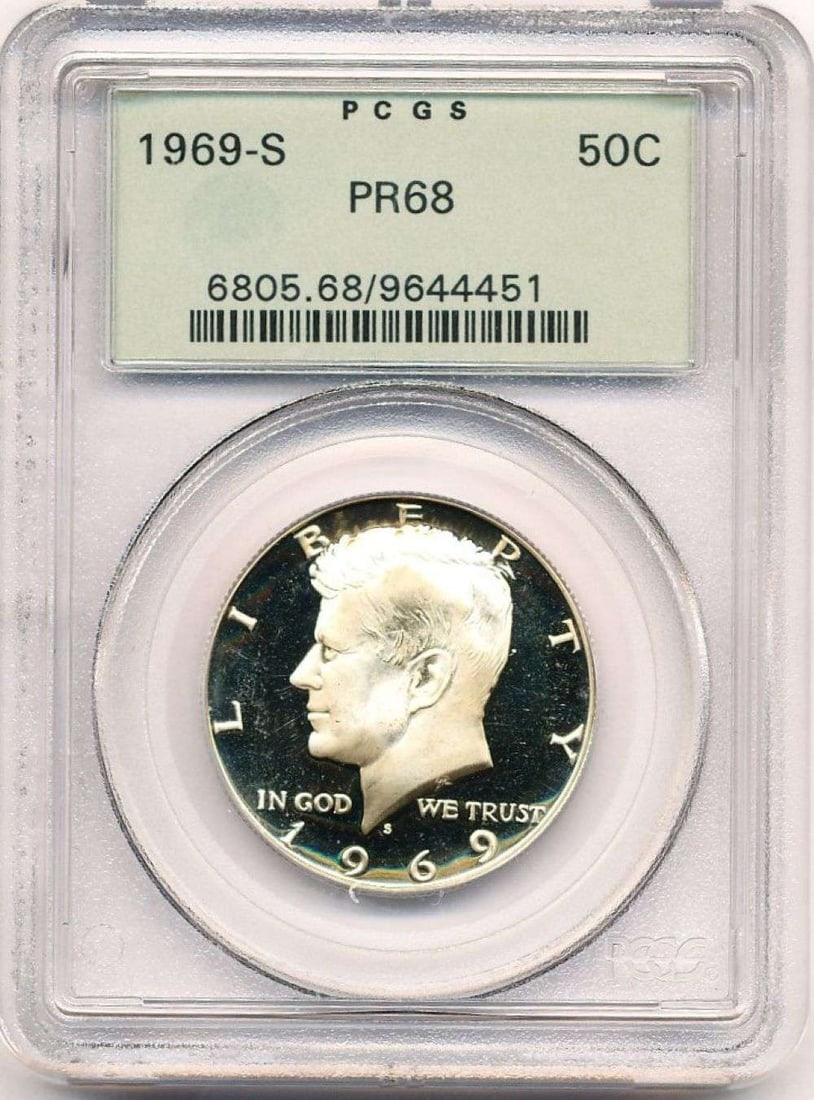 Old Green Holder 1969-S Kennedy Silver Half Dollar PCGS PR68: Winner shall receive the exact coin shown here. (MR/PR)