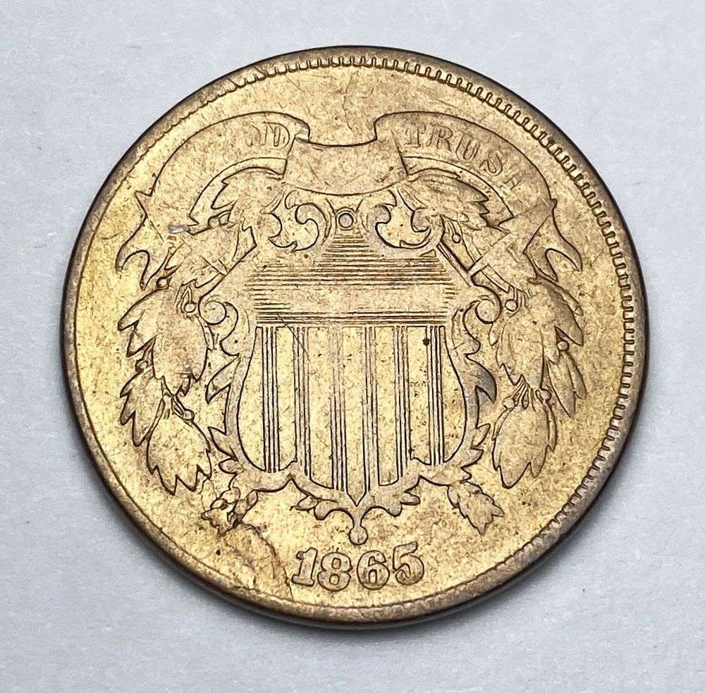 1865 Shield 2 Cents AU50 Details: Winner shall receive the exact coin shown here. (RR/LB)
