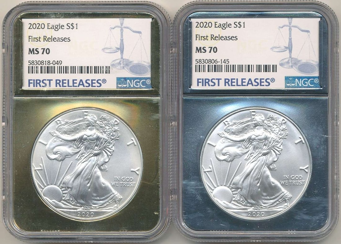 2020 American Silver Eagle NGC MS70 First Releases Set (2-coins): Winner shall receive the exact (2) coins shown here. (RR/LUB)