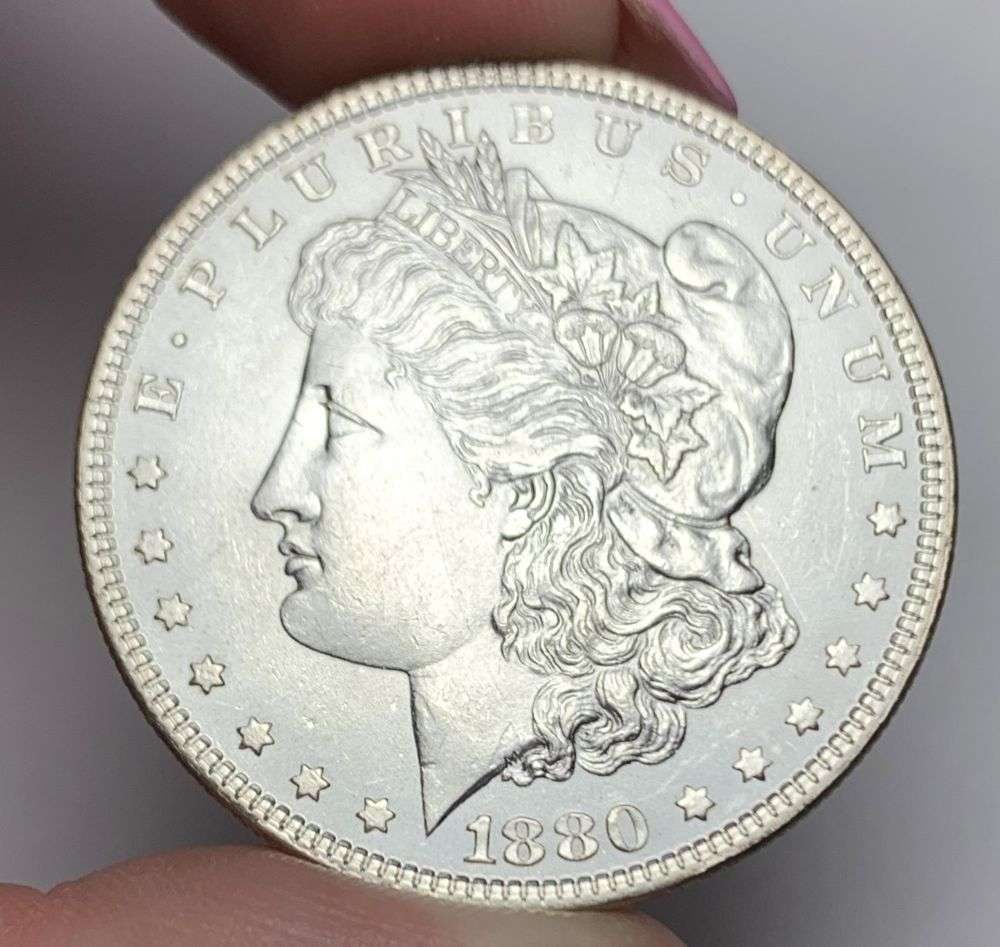 1880 Morgan Silver Dollar MS65: This is (1) coin from a book that we received along with the heavy black book of silver dollars. Winner shall receive the exact coin shown here. (MR/EB)
