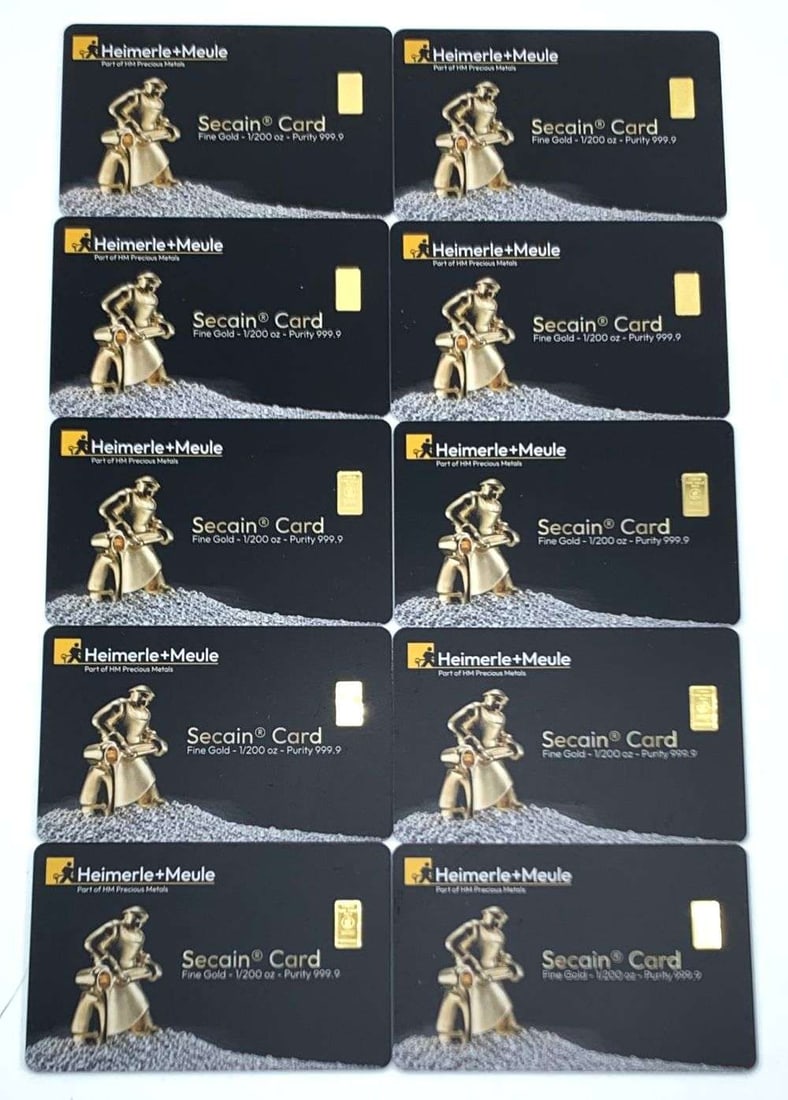 (10) Heimerle+Meule Secain Card 1/200 ozt .9999 Gold Bars: Winner shall receive the exact (10) bars shown here. (MR/TVC=B)