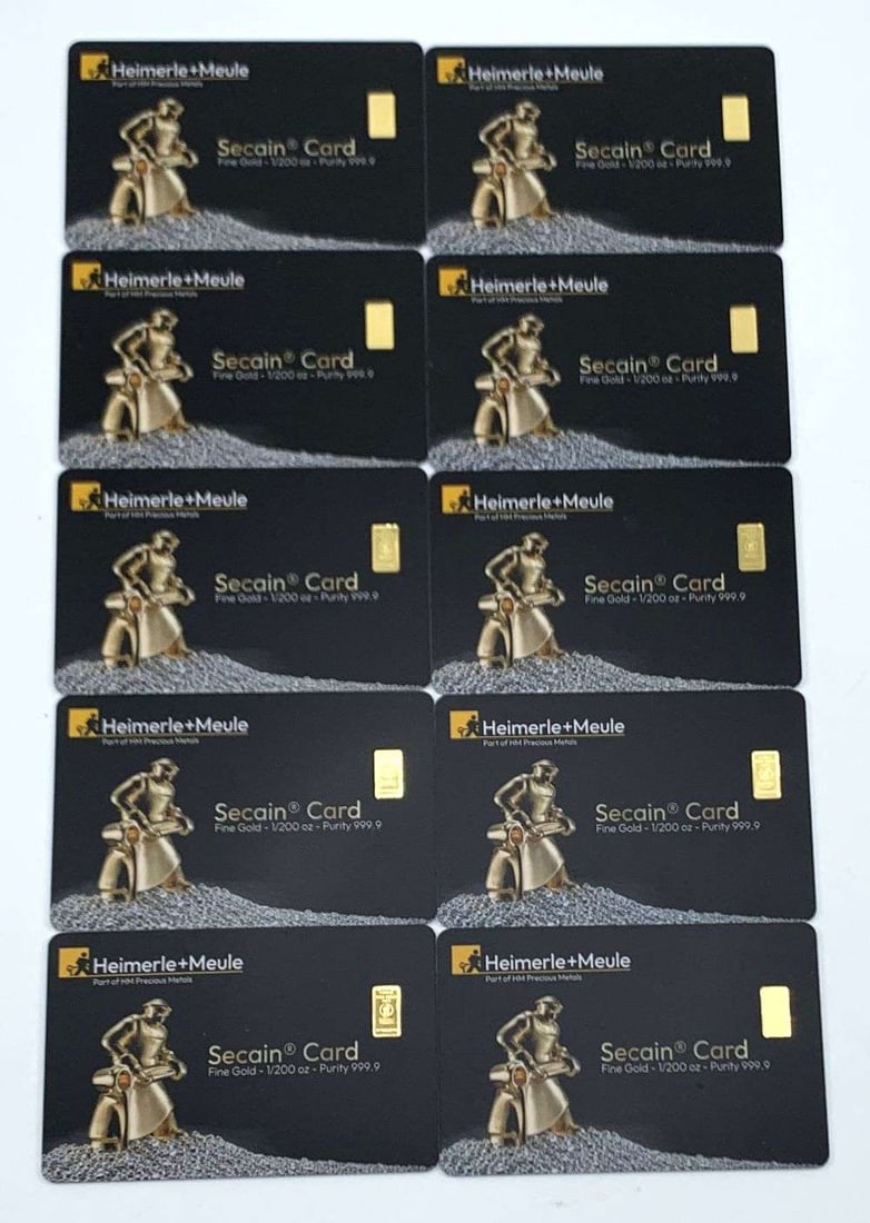 (10) Heimerle+Meule Secain Card 1/200 ozt .9999 Gold Bars (1 of 5)