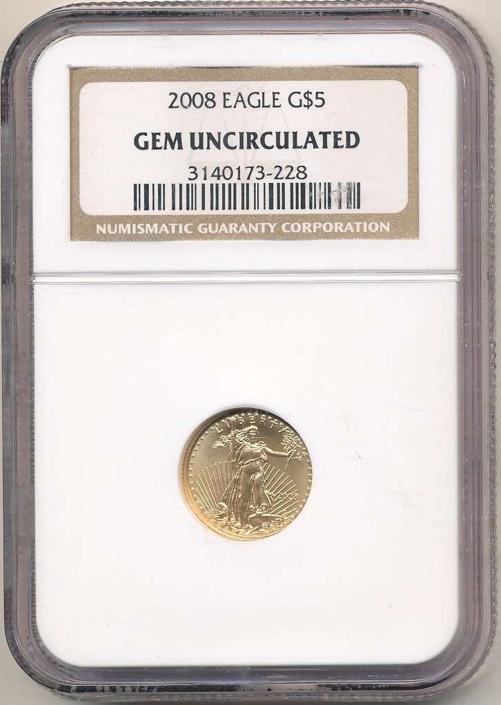 2008 American $5 Gold Eagle 1/10 ozt NGC Gem Unc: Winner shall receive the exact coin shown here. (RR/UBB)