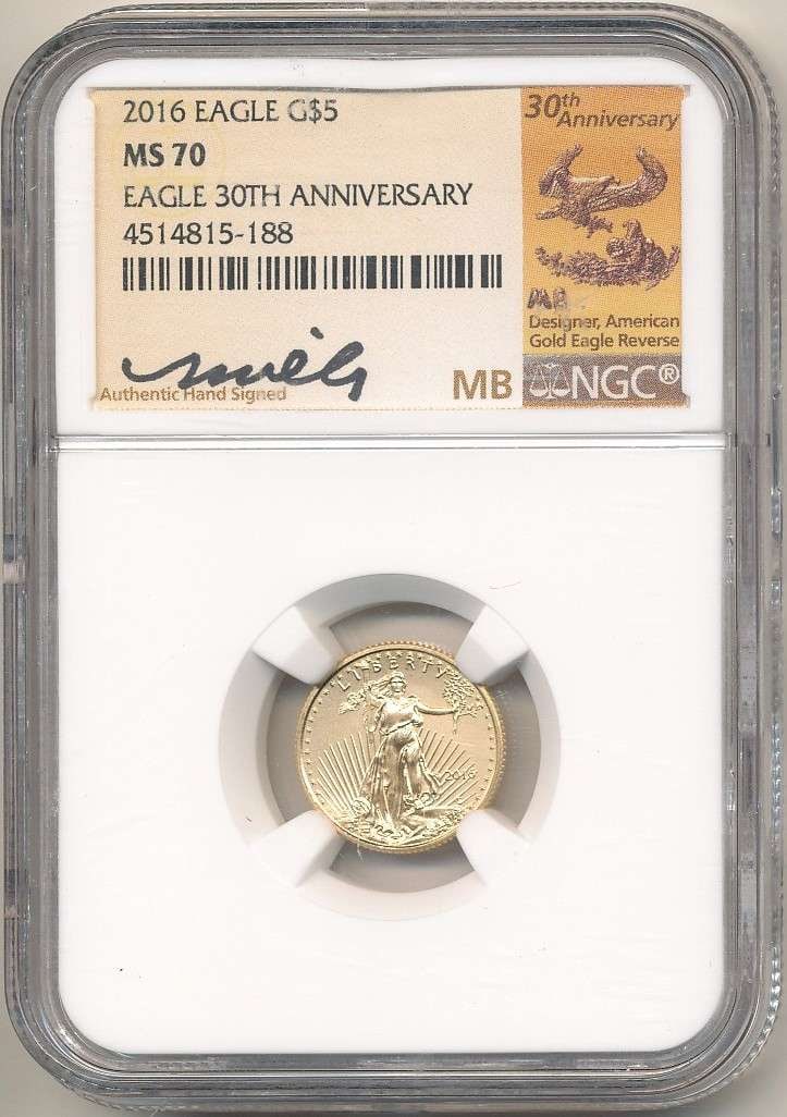 2016 American $5 Gold Eagle 1/10 ozt NGC MS70 Signed by Miley Busiek (1 of 4)