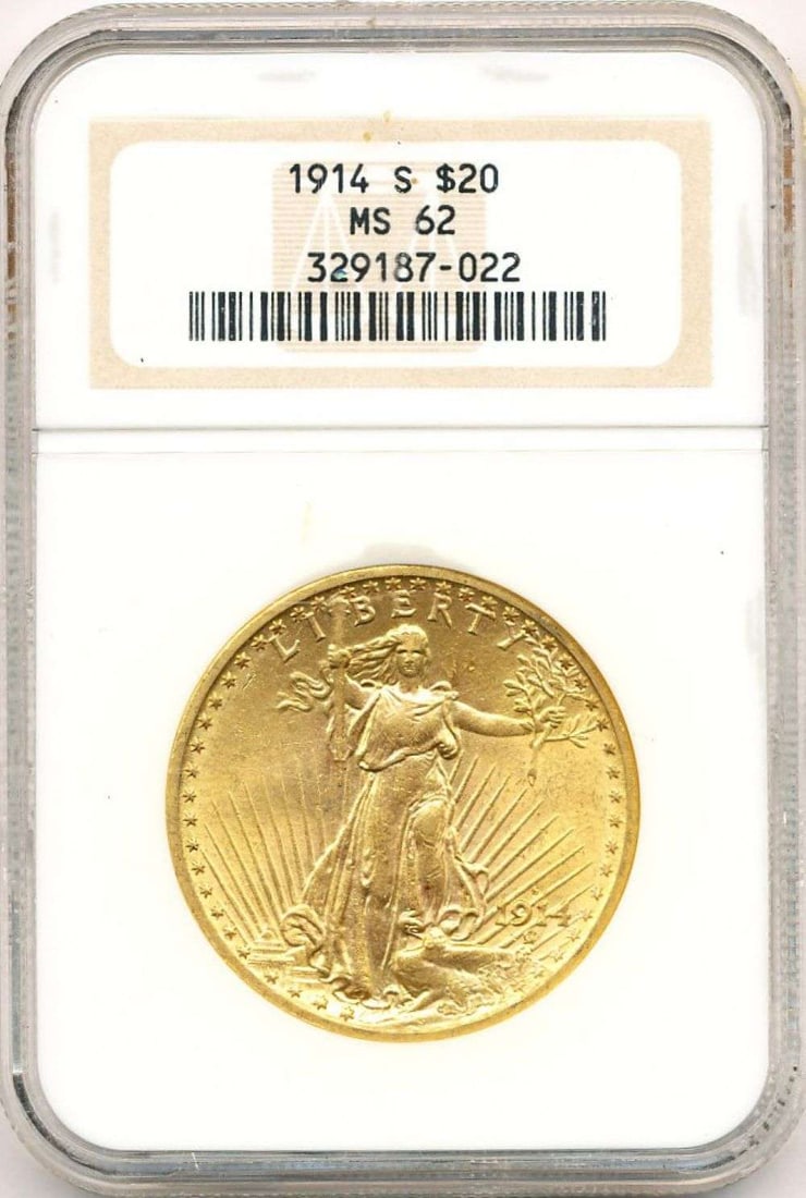 1914-S Gold $20 Saint Guadens NGC MS62: Winner shall receive the exact coin shown here. (MR/LRBB)