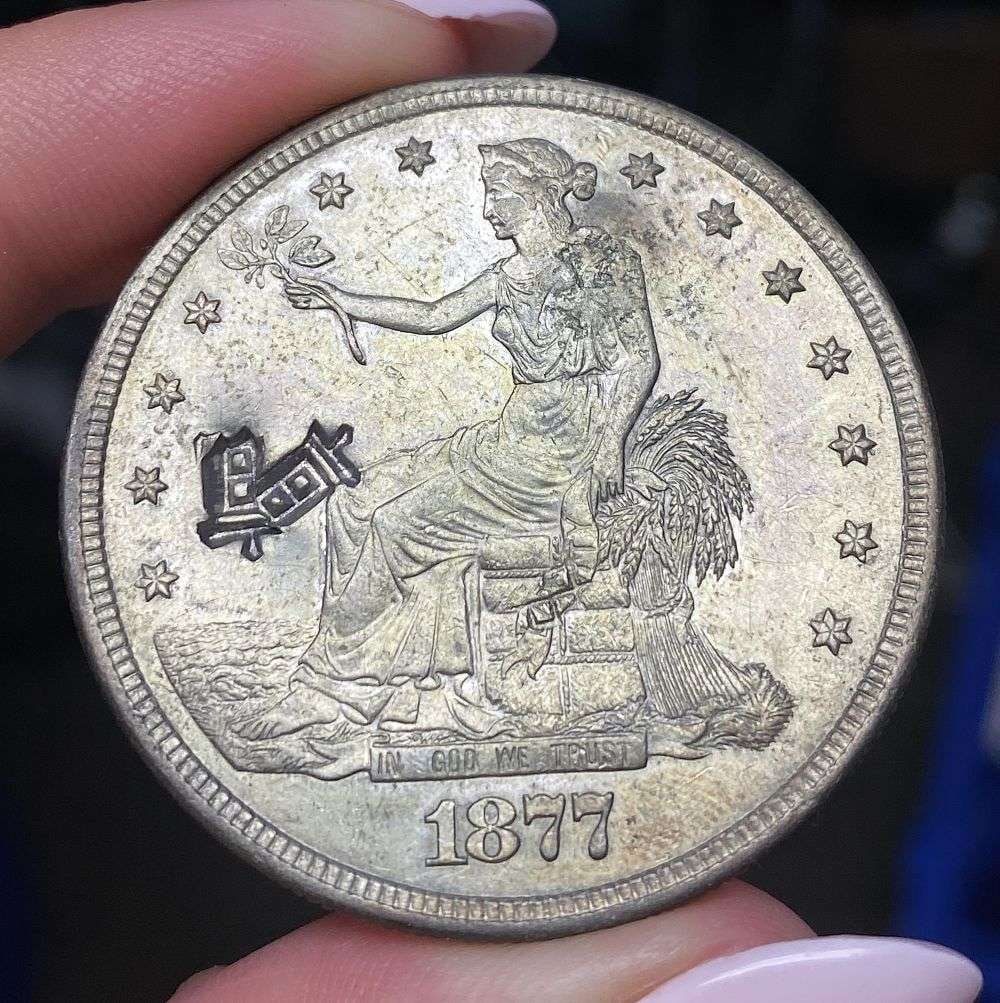 Cobalt Blue Rare W/ Chopmark 1877-S Trade Silver Dollar MS62 Details: This consignment, we hope to offer over time across our various Whatnot channels, with the best material featured in our Wednesday auctions. We hope to be done with this stuff by the beginning of 2027