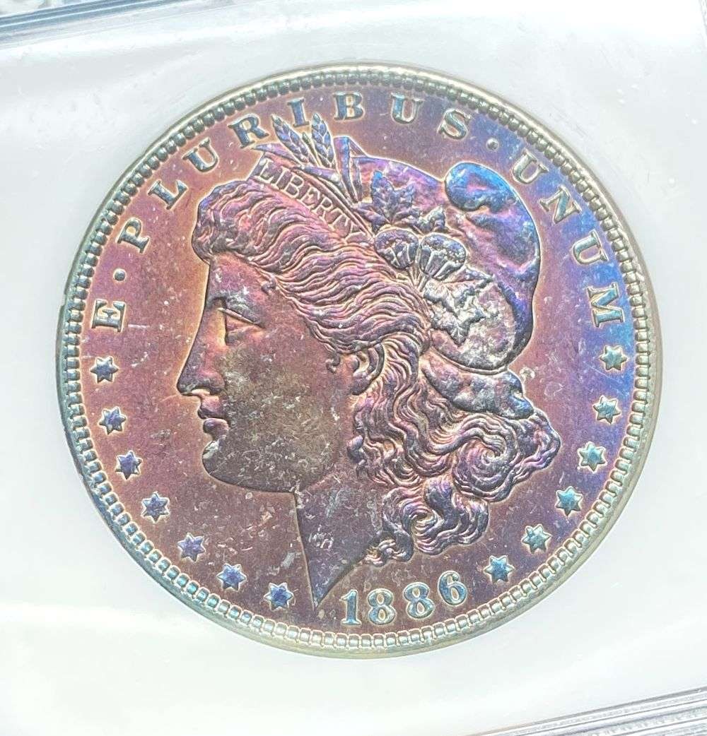 Toned 1886 Morgan Silver Dollar MS67: IMPORTANT NOTE: We do not agree with the grade provided with this "off-brand" grading company. Winner shall receive the exact coin shown here. (RR)