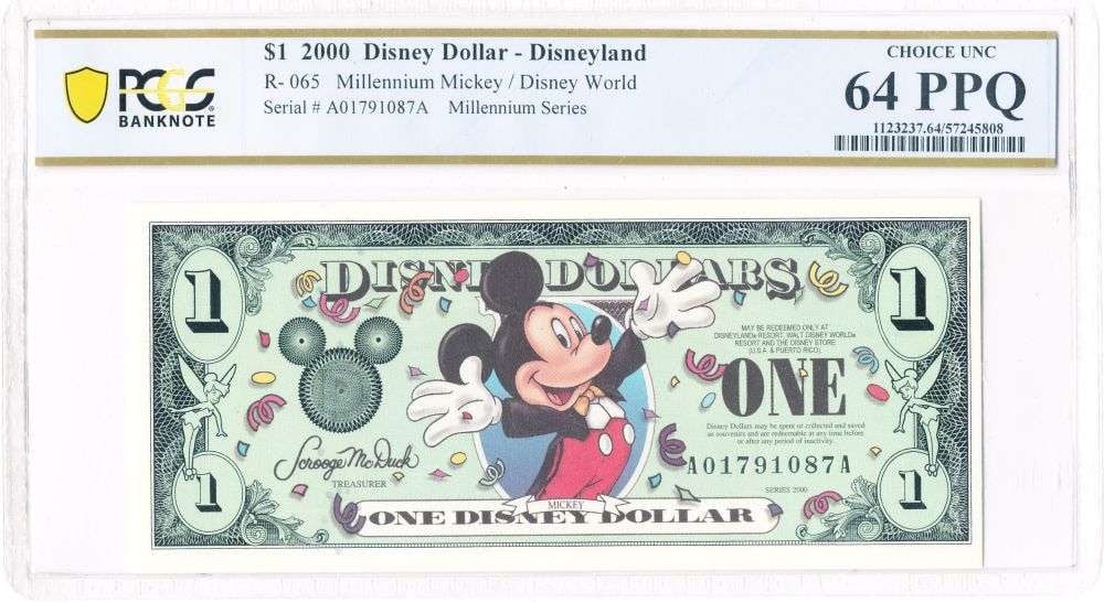 Rare Consecutive 2000 Mickey Mouse Disney Dollar Note PCGS Choice Unc. 64 PPQ: Winner shall receive the exact note shown here. (MR/LB)