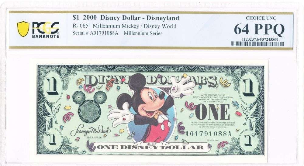 Rare Consecutive 2000 Mickey Mouse Disney Dollar Note PCGS Choice Unc. 64 PPQ: Winner shall receive the exact note shown here. (MR/LB)