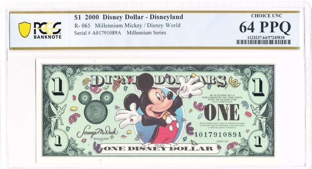 Rare Consecutive 2000 Mickey Mouse Disney Dollar Note PCGS Choice Unc. 64 PPQ: Winner shall receive the exact note shown here. (MR/LB)