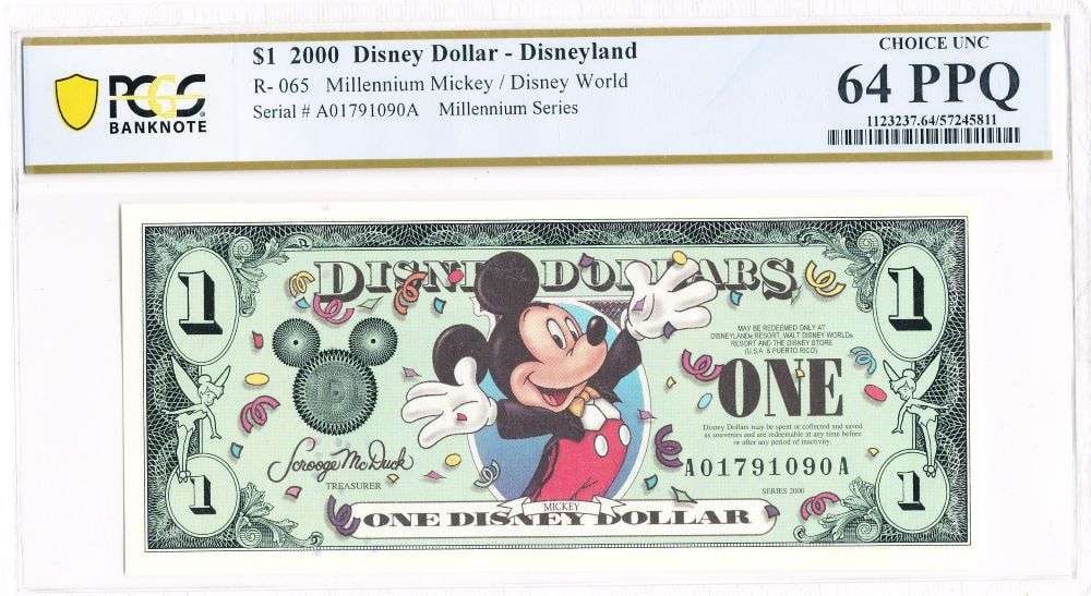 Rare Consecutive 2000 Mickey Mouse Disney Dollar Note PCGS Choice Unc. 64P PQ: Winner shall receive the exact note shown here. (MR/LB)