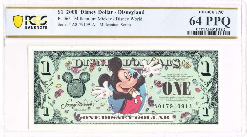 Rare Consecutive 2000 Mickey Mouse Disney Dollar Note PCGS Choice Unc. 64 PPQ: Winner shall receive the exact note shown here. (MR/LB)