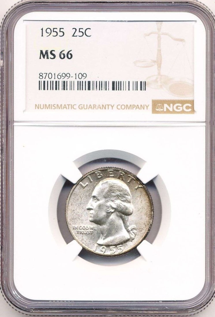 Better Date 1955 Washington Silver Quarter NGC MS66: Winner shall receive the exact coin shown here. (MR/LR)
