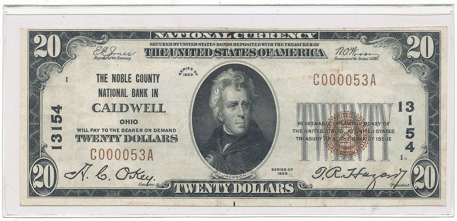 Rare Low Serial 1929 The Noble County National Bank in Caldwell Ohio $20 Note: Winner shall receive the exact note shown here. (RR)