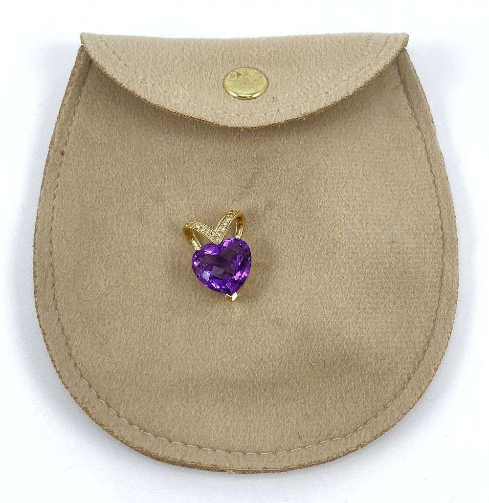 14k Gold W/ Diamonds Amethyst Heart Pendant 3.3g: Winner shall receive the exact item shown here. (RR)