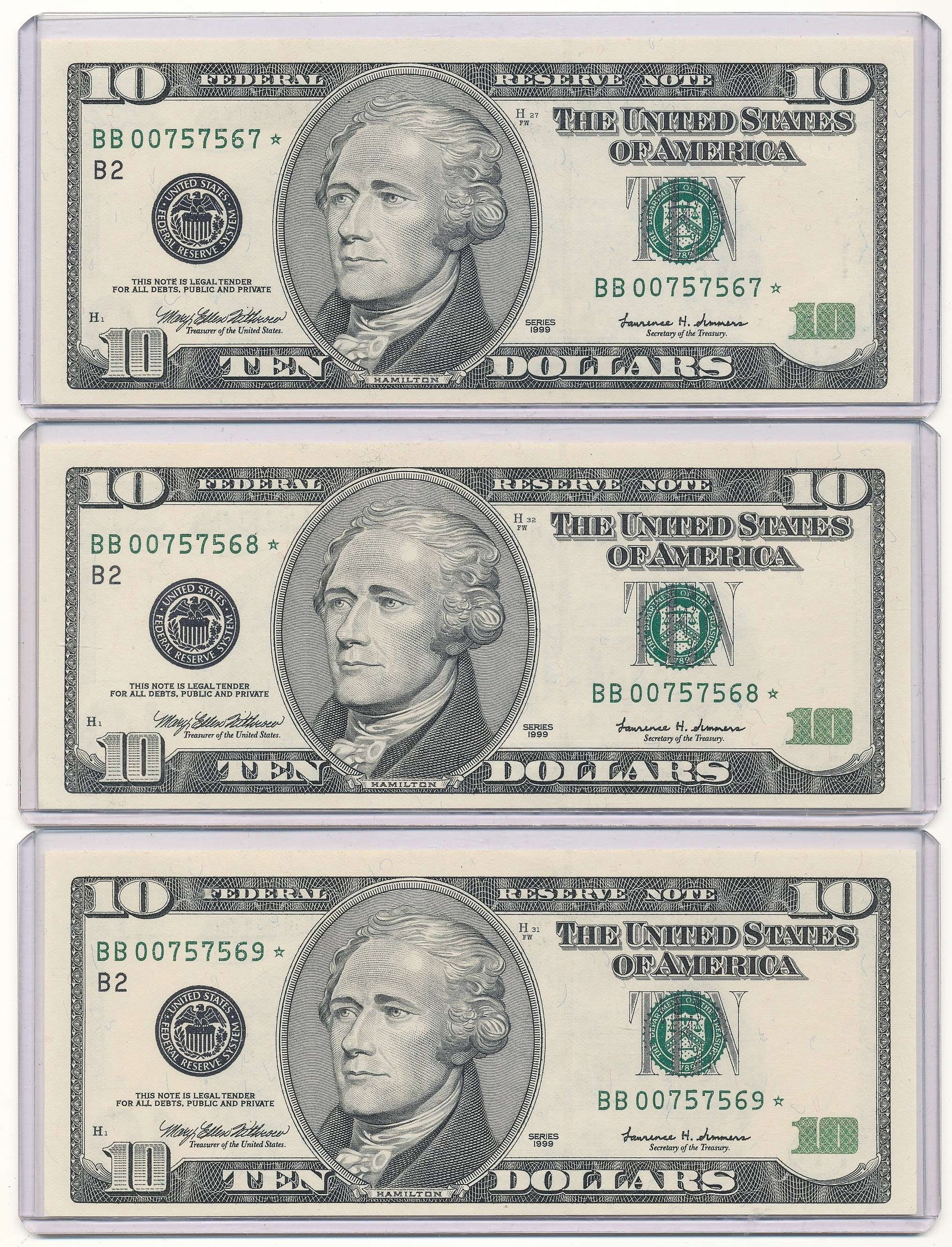 (3) 1999 United States Consecutive $10 Star Notes (1 of 2)