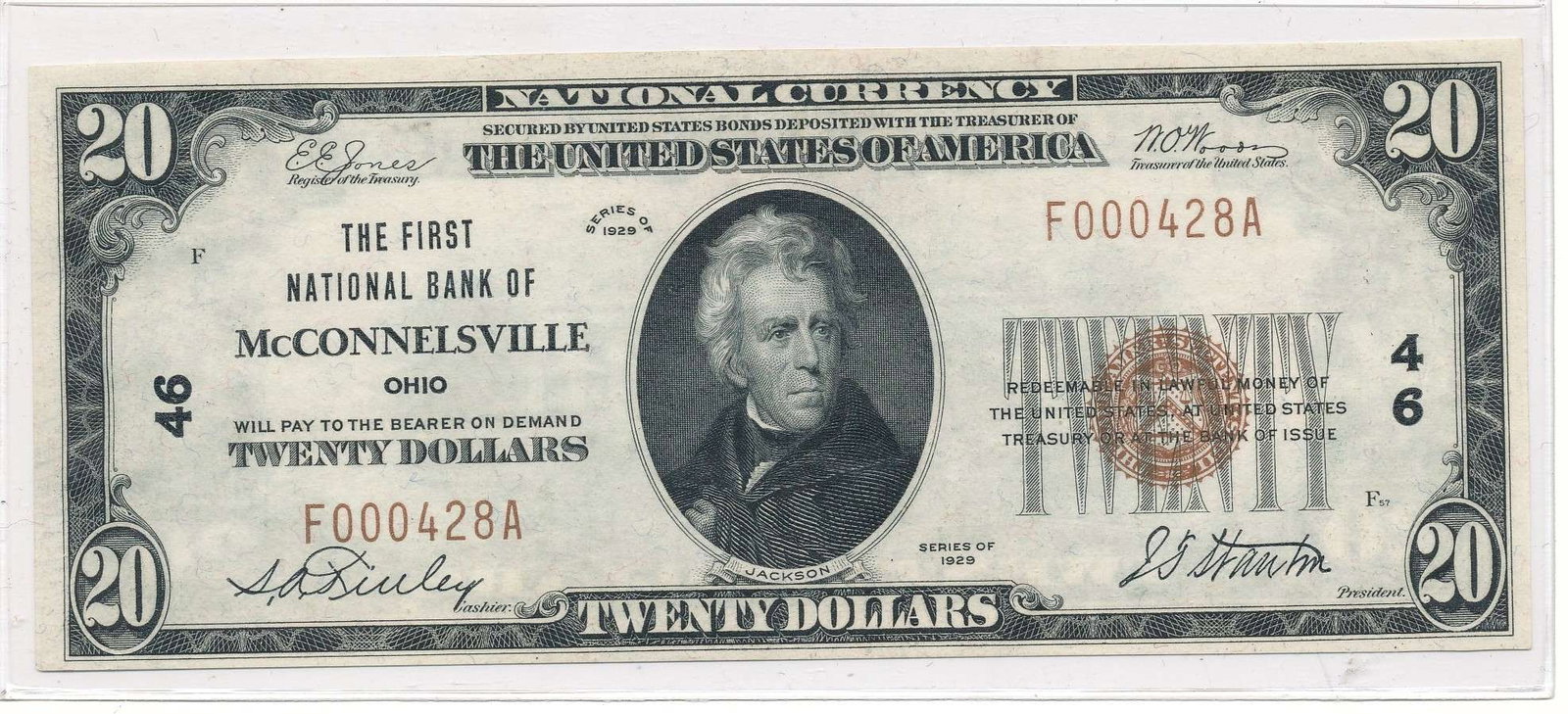 1929 The First National Bank of McConnelsville Ohio $20 Note: Winner shall receive the exact note shown here. (RR)