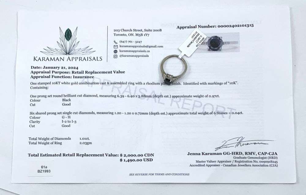 1.01ct Round Cut Black Diamond 10k White Gold Ring (size 7.25): Winner shall receive the exact item shown here. (MR)