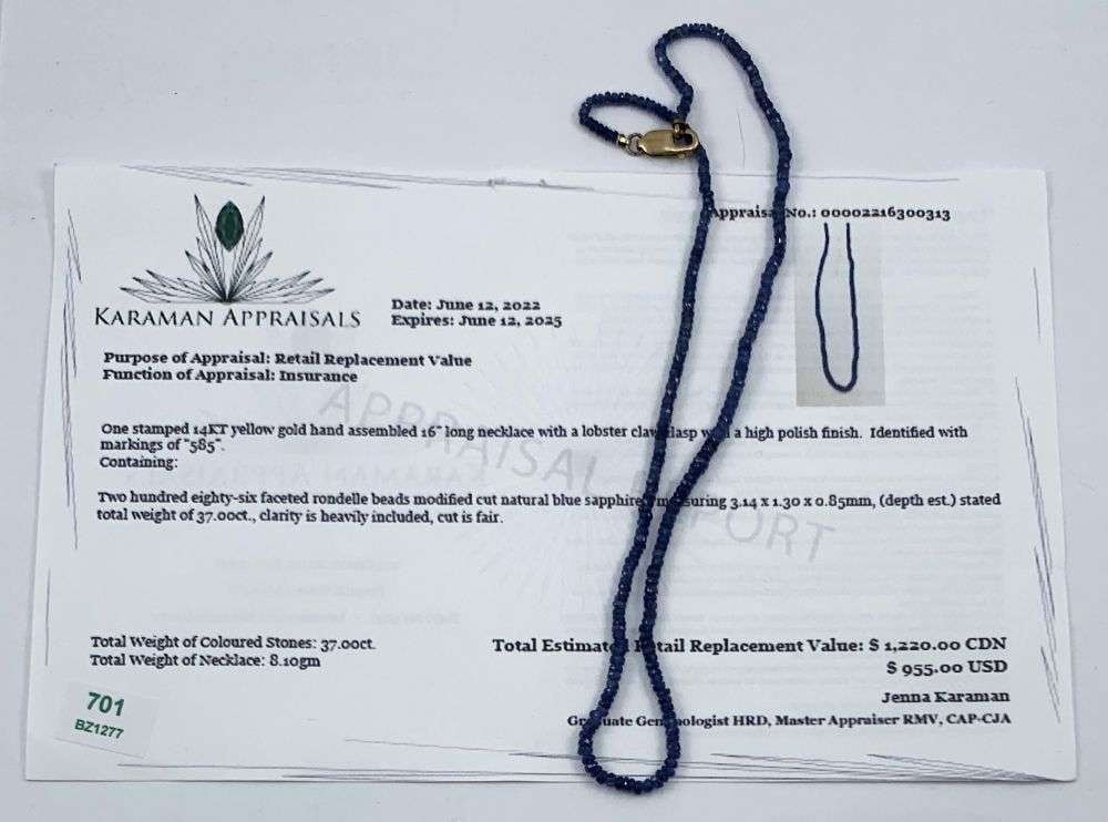 37ct Blue Sapphire Necklace W/ 14k Gold Clasp (16 inches): Winner shall receive the exact item shown here. (MR)