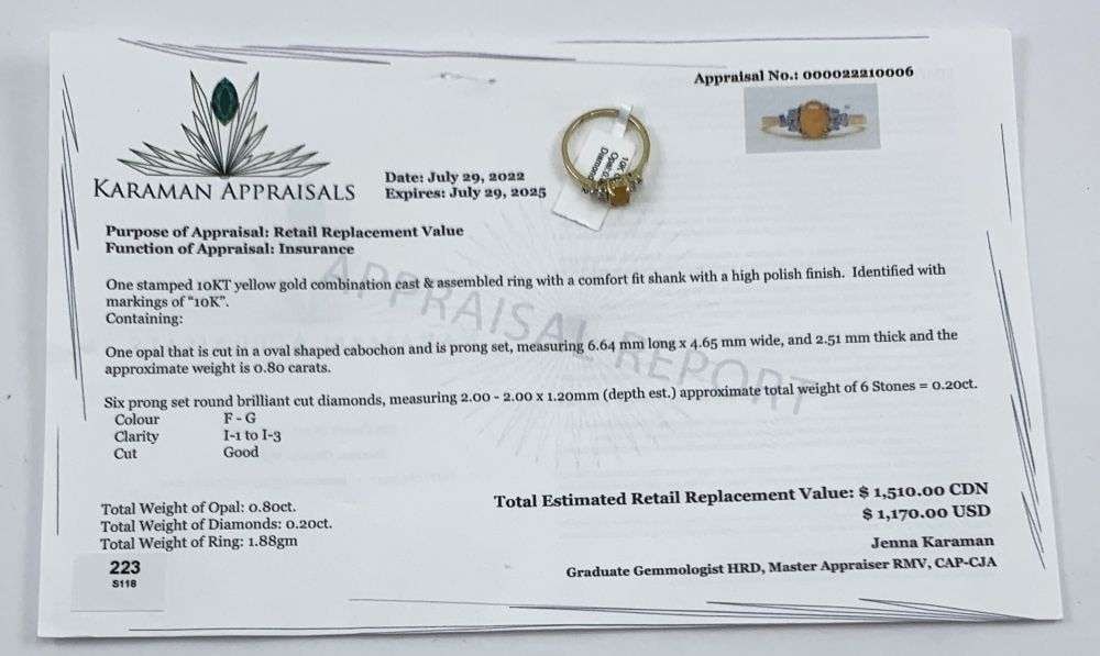 0.80ct Oval Cut Opal W/ Diamonds 10k Yellow Gold Ring (size 6.75): Winner shall receive the exact item shown here. (MR)
