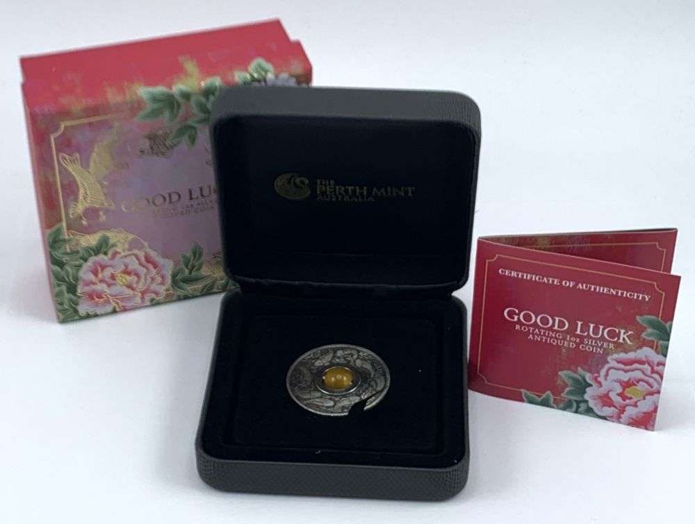 2018 Tuvalu Good Luck Rotating Antiqued 1 ozt .9999 Silver Dollar: Winner shall receive the exact coin shown here. (MR/FR)