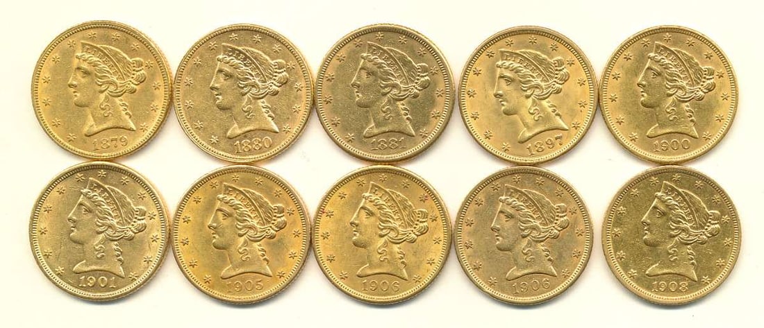 (10) Gold $5 Liberty Head Almost Mint: Winner shall receive (10-coins) precisely resembling the 10-coins from the pile shown here. Please allow 2-4 weeks for shipping. (DL/RER)
