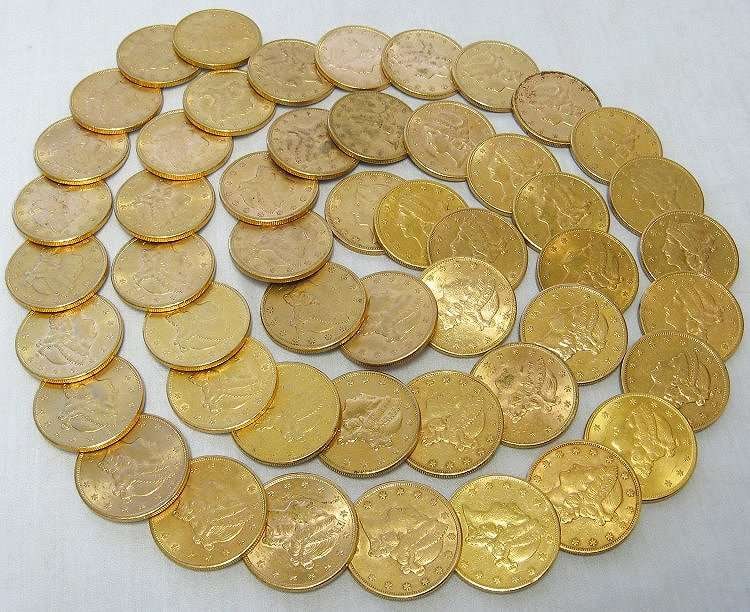 (10) Gold $20 Liberty Head Brilliant Uncirculated: Winner of lot shall receive a lot of (10) coins gold $20.00 liberty AU detail, precisely resembling the coins shown in pictures. NOTE: This is a stock photo - your ten (10) coins will be hand-picked a