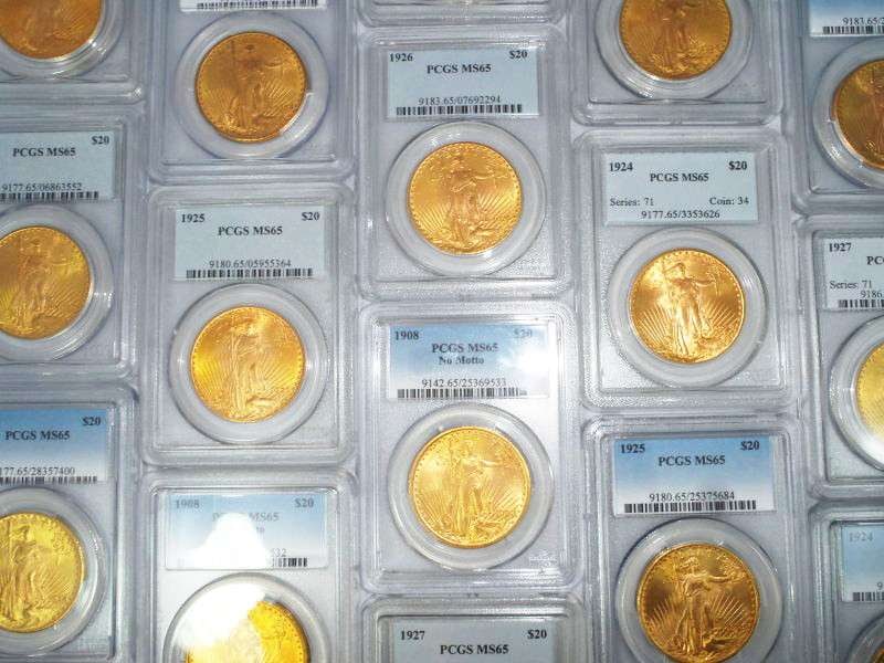 Ten (10) Gold $20 Saint Gaudens PCGS MS65: Winner of auction shall receive a lot of (10) coins gold $20.00 Saint Gaudens, precisely resembling the coins shown in picture. NOTE: This is a stock photo - your ten (10) coins will be hand-picked