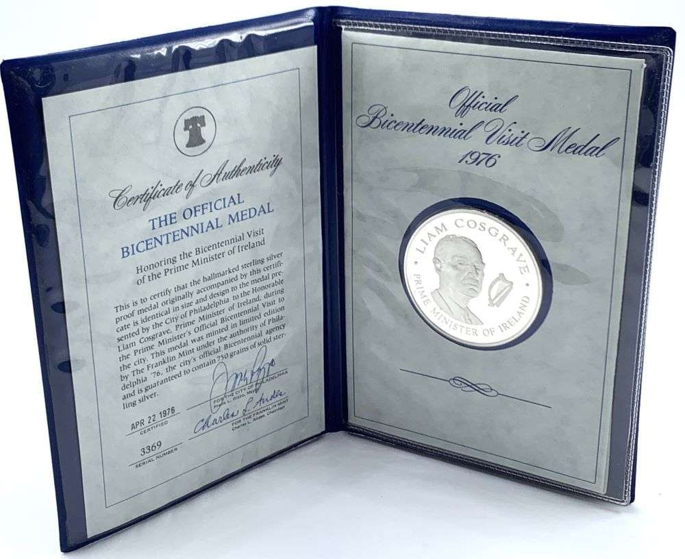 1976 Official Bicentennial Prime Minister of Ireland Proof Sterling Silver Medal: Winner shall receive the exact coin shown here. (NH/B)