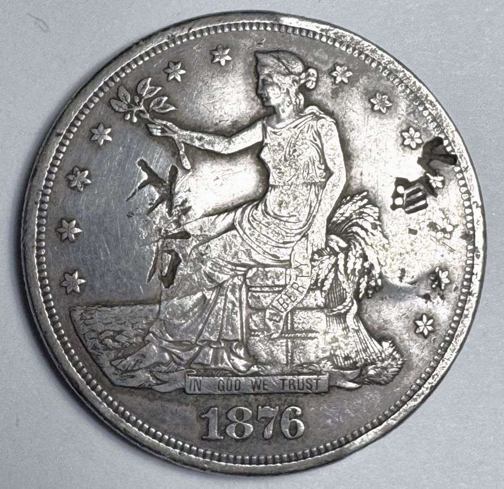 Rare Chopmarks 1876-S Trade Silver Dollar XF Details: Winner shall receive the exact coin shown here. (NH/UBB)