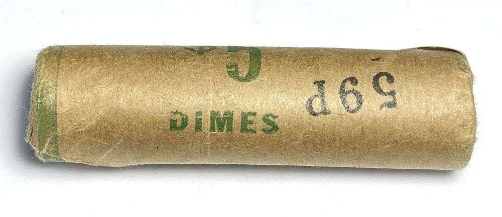 Vintage Bank Wrapped Roll (50-coins) BU 1959-P Roosevelt Silver Dime: If you were lucky enough to find one of these coins in this exact roll shown here and it went MS67+ full torch, it would be worth $1,100 according to the PCGS priceguide on June 12th, 2026. Winner sha