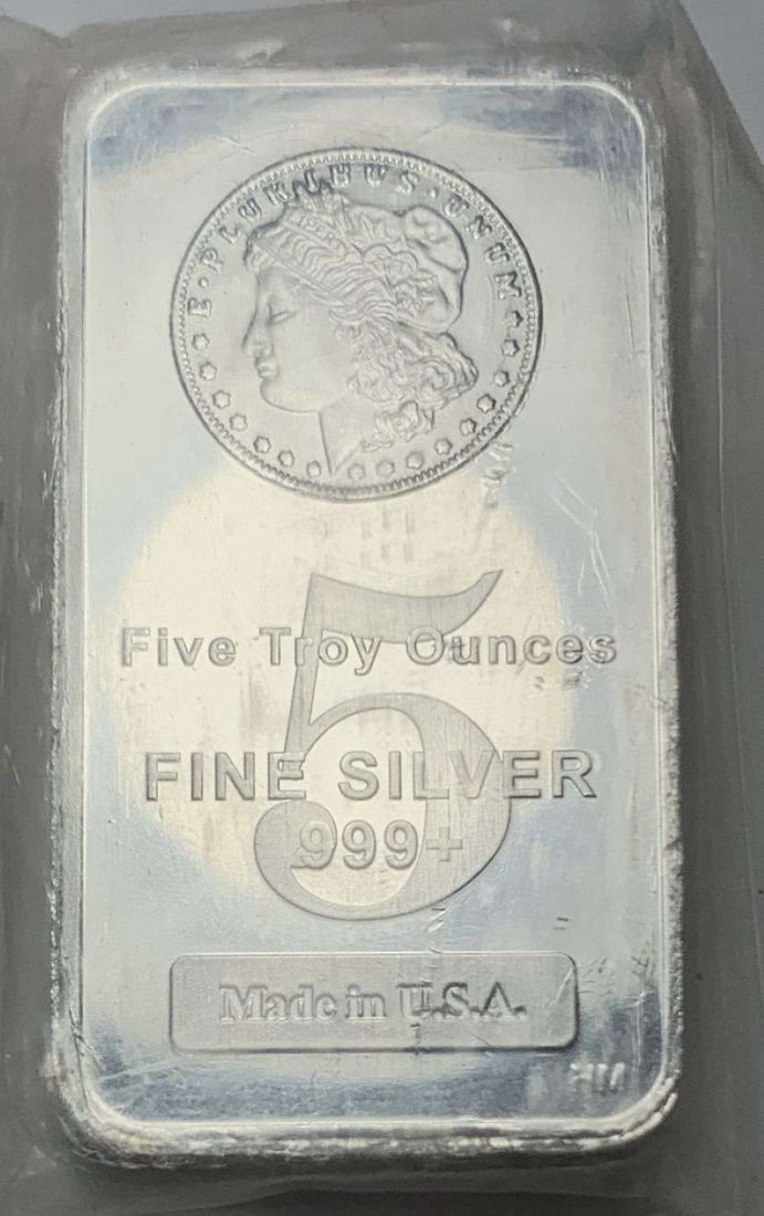 Morgan Dollar Design 5 ozt .999 Silver Bar: Winner shall receive the exact bar shown here. (MR/URB)
