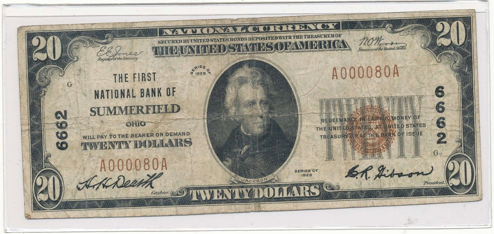 1929 The First National Bank of Summerfield Ohio $20 Note (1 of 2)