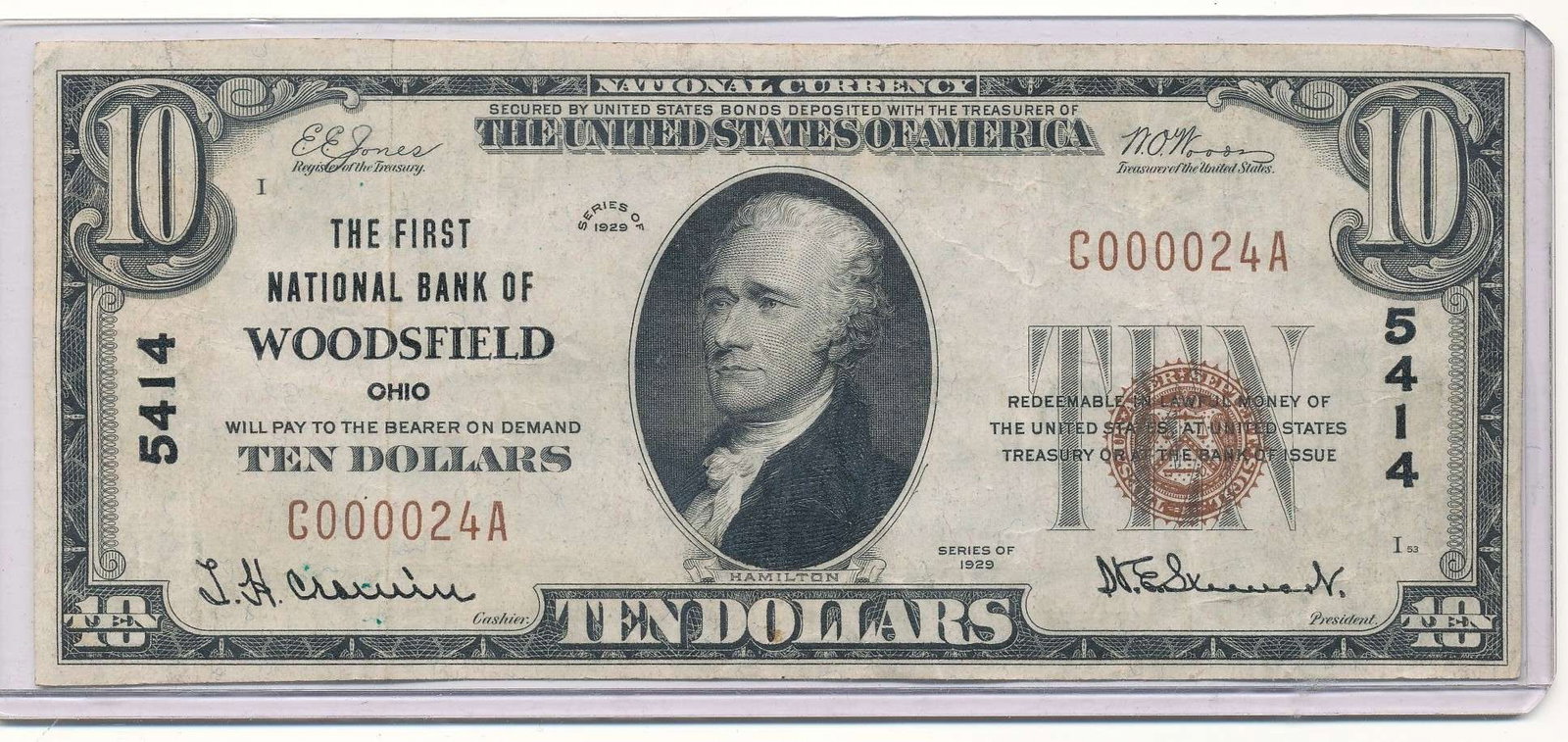 1929 The First National Bank of Woodsfield Ohio $10 Note (1 of 2)