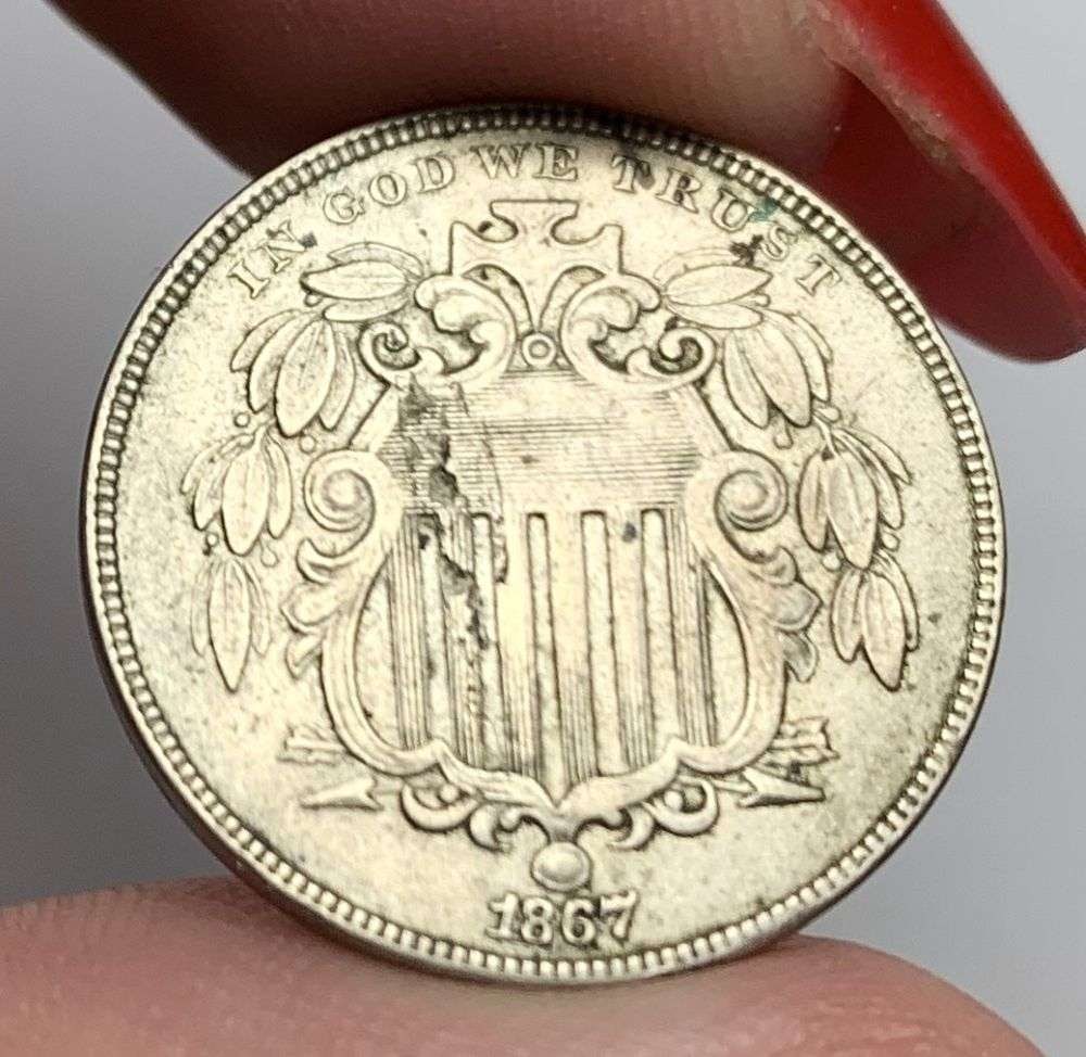 1867 Shield Nickel AU50 Details (1 of 2)