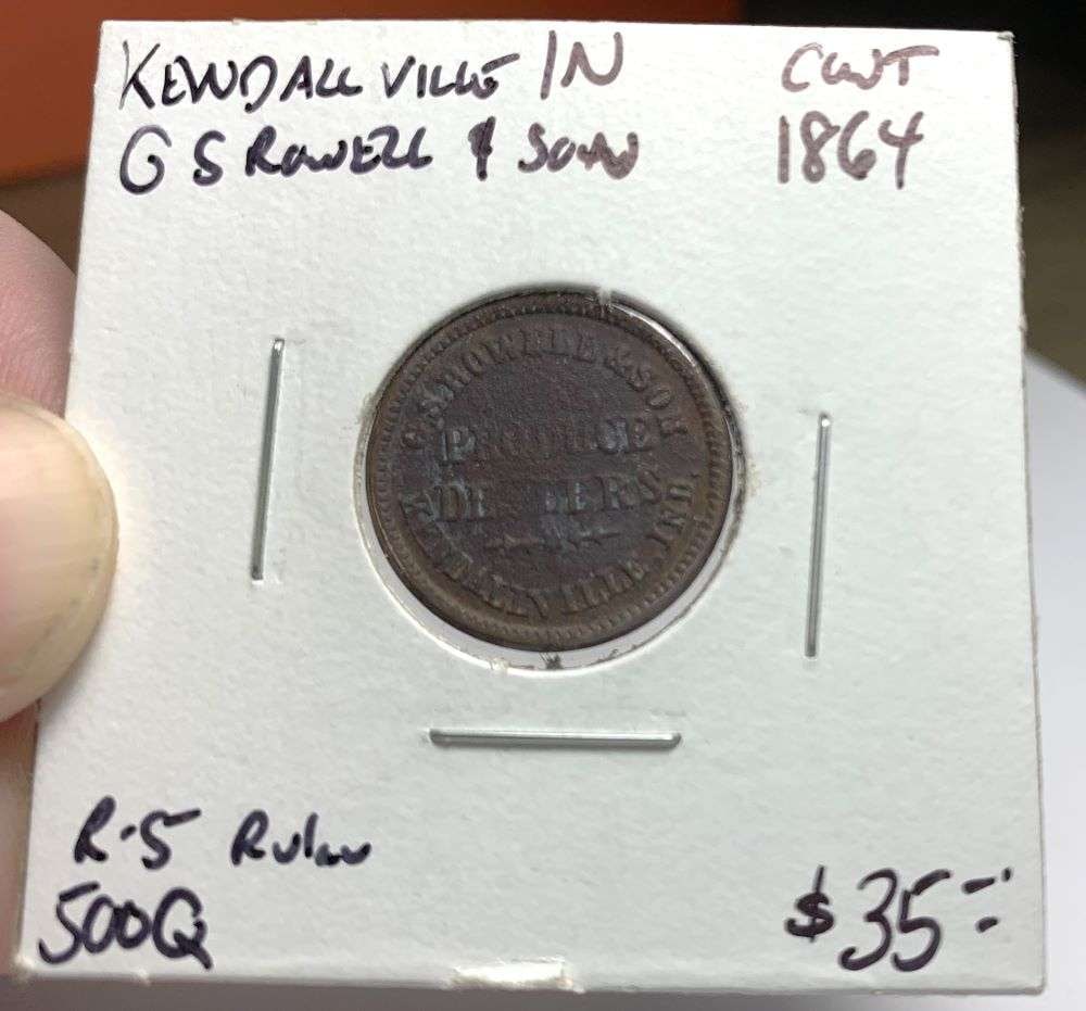 1864 G.S. Rowell & Son Civil War Token: Born out of severe coin hoarding during the American Civil War, this 1864 copper token was commissioned by G.S. Rowell & Son, a Kendallville, Indiana produce dealership, to serve as much-needed everyd