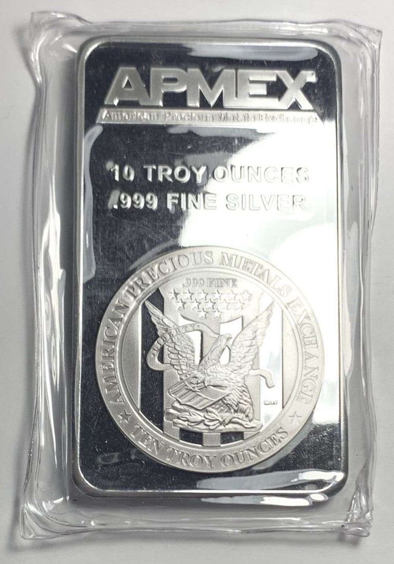 APMEX 10 ozt .999 Silver Bar: Winner shall receive the exact bar shown here. (NH/OUR)