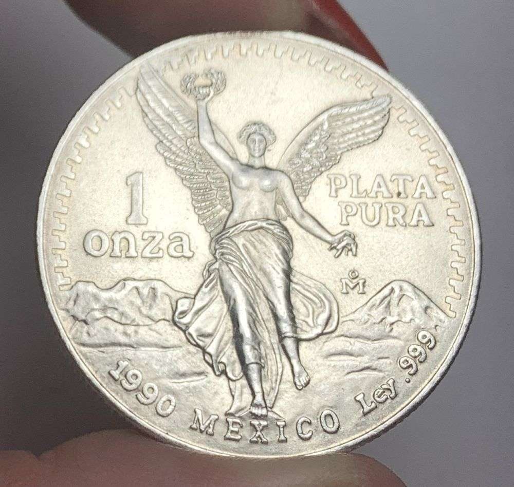 Rare 1990 Mexican Libertad 1 Onza 1 ozt .999 Silver: Winner shall receive the exact coin shown here. (MR/UR)