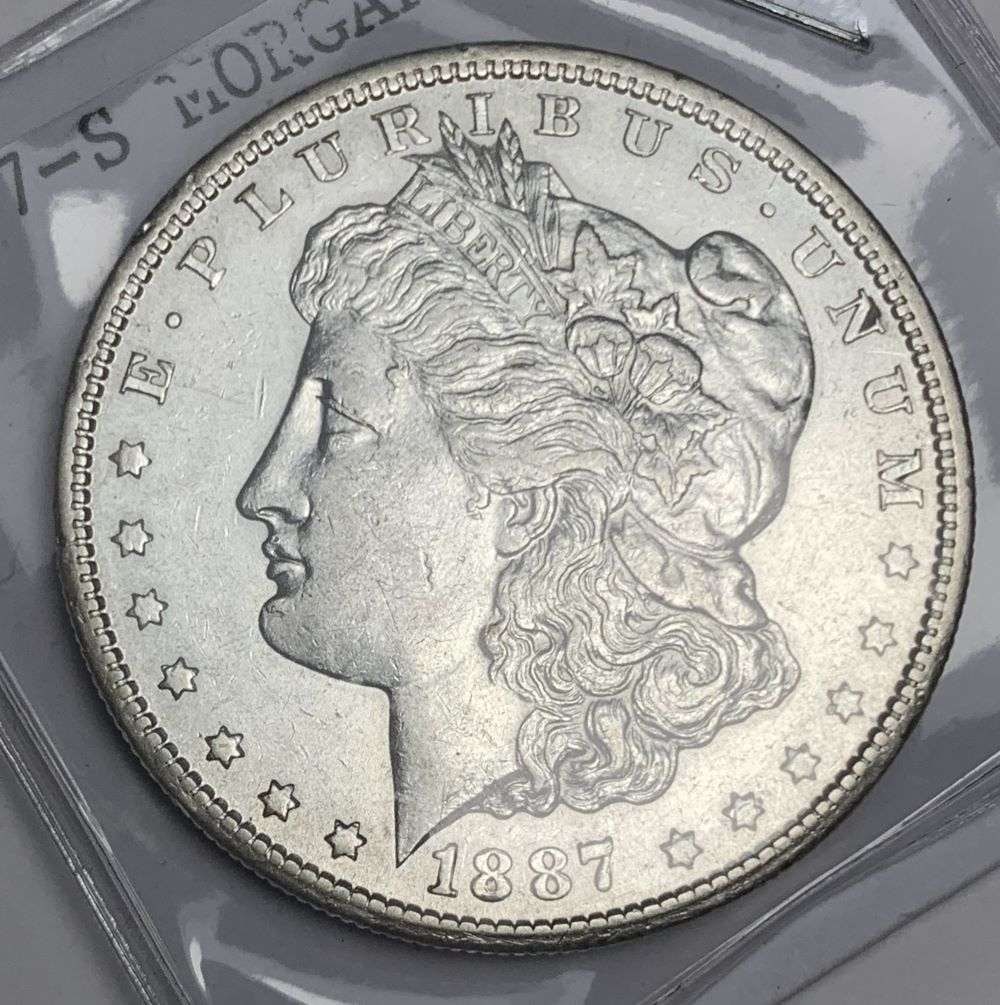 Vintage Flip 1887-S Morgan Silver Dollar AU58: Winner shall receive the exact coin shown here. (NH/RB)