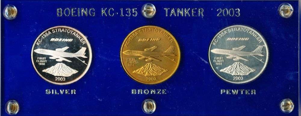 2003 Boeing KC-135 Tanker Silver-Bronze-Pewter Proof Set (3-coins) 5.1 ozt: An interesting piece of Boeing and aviation history, this commemorative three-coin set was issued in 2003 to honor the Boeing KC-135A Stratotanker, the iconic aerial refueling aircraft that first flew