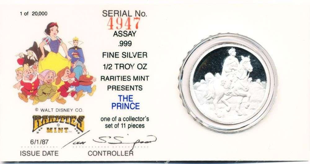 Rare 1987 Walt Disney "The Prince" Commemorative Proof 1/2 ozt .999 Silver: Winner shall receive the exact coin shown here. (NH/TVC=B)