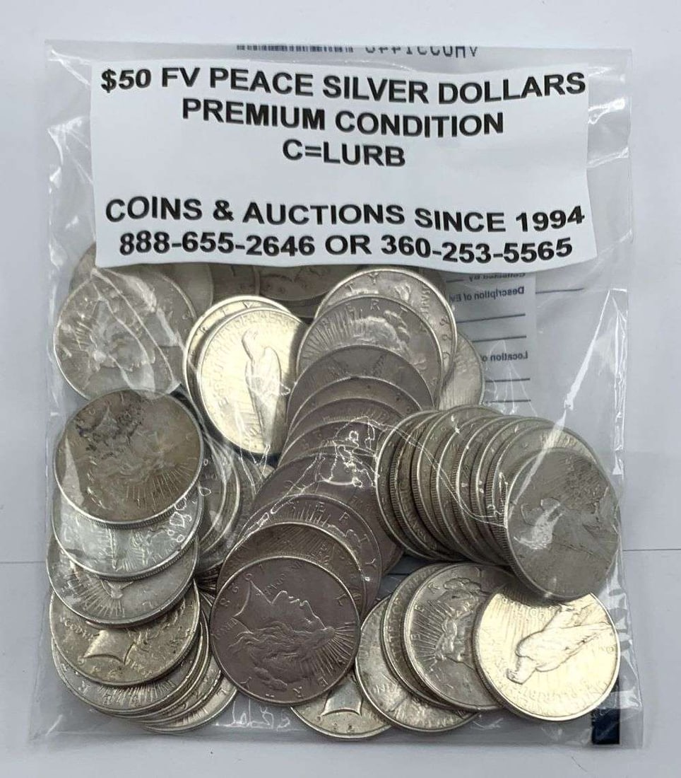 (50) Premium Grade Peace Silver Dollars: Winner shall receive (50-coins) precisely resembling the coins shown here. Technically there are no coins with detail less than fine in here. All of the junky peace silver dollars have been removed! T