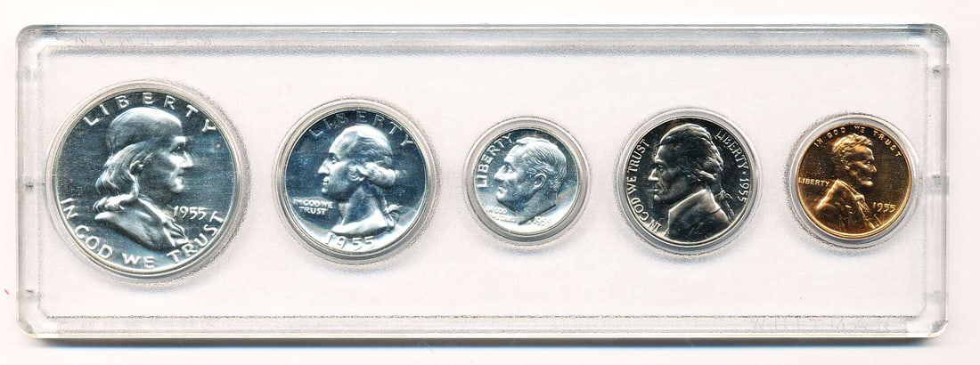 Last Minute Silver! 1955 United States Mint Set (5-coins): This is the story about two coin dealers, a partnership. One, the largest bullion dealer north of San Francisco, and the other, the largest rare coin dealer north of San Francisco. Together, their sho