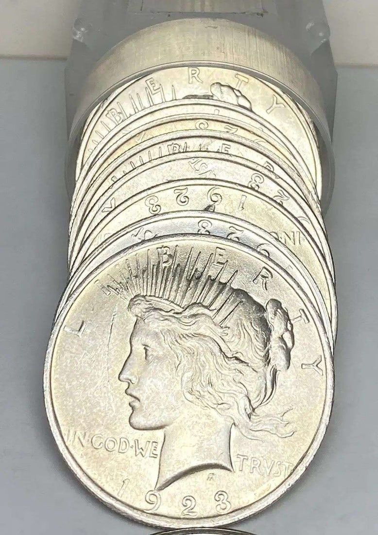 Last Minute Silver! 1923 Peace Silver Dollar Exquisite BU Roll (20): Winner shall receive exactly the roll (20-coins) shown here. (RR/LBPP)