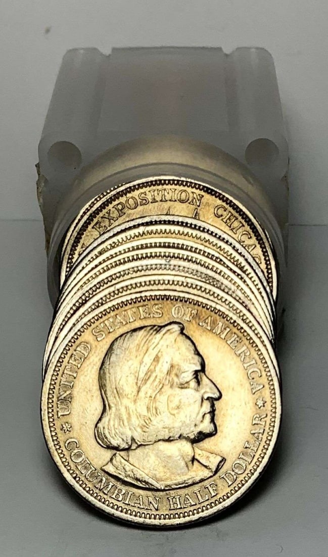 Roll (20) Mixed Date Columbian Exposition Commemorative Silver Half Dollars: IMPORTANT NOTE: We do not agree with the grade provided with this "off-brand" grading company. Winner shall receive the exact coin shown here. (MR)