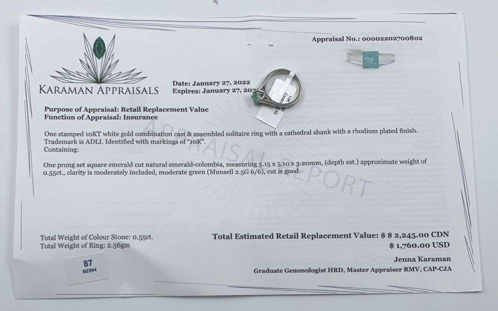 0.55ct Square Cut Natrual Emerald-Colombia 10k White Gold Ring (5.5): Winner shall receive the exact item shown here. (MR)