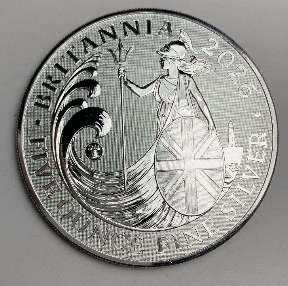 Rare Mintage 50,000! 2026 Britannia 5 ozt Silver: These beautiful Britannia coins originally came from a 150 ozt monster box containing 30-coins. Winner shall receive the exact (1) coin shown here. (NH/EBR)